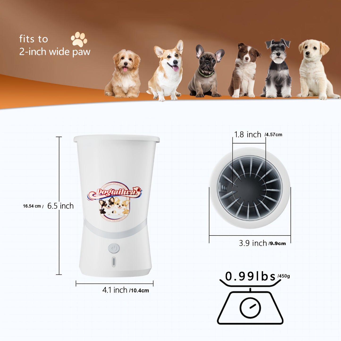 Automatic Dog Paw Washer - 10s Fast Cleaning, USB Rechargeable Portable Paw Cleaner with Detachable Silicone Brush, 5H Runtime & 50-Paw Capacity, Dog Paw Massager for Travel, Camping, White, Pet Hygiene Tool, Sleek Pet Gadget