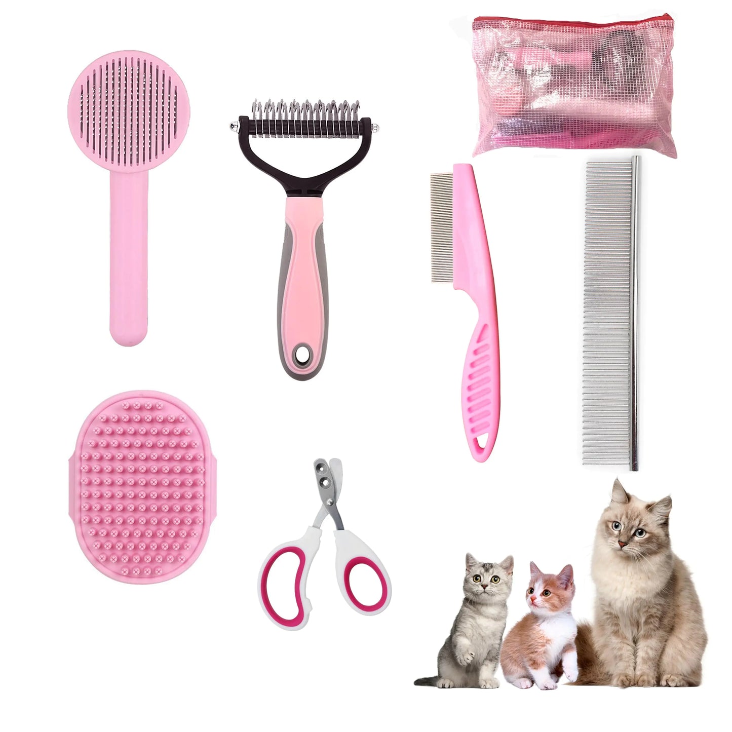 Pet Grooming Kit for Cats and Small Dogs 6-Piece Brush Set with Flea Comb Shedding Tools for Long Hair (Pink)